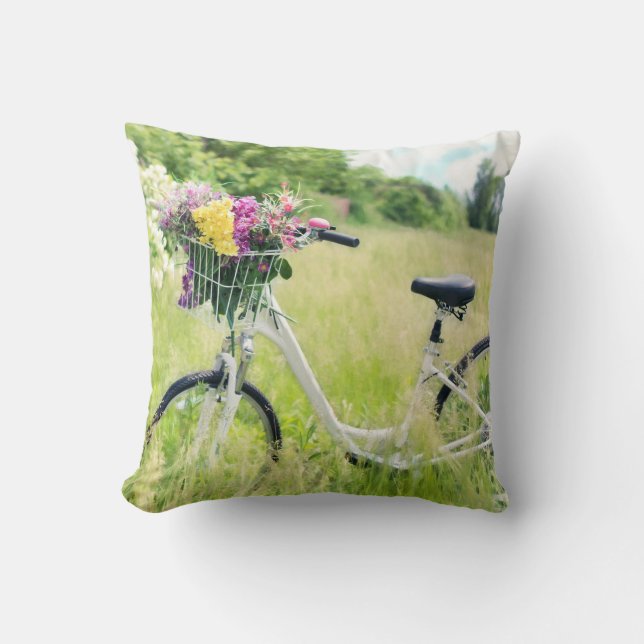 Bicycle with Basket of Flowers in the Meadow Cushion (Front)