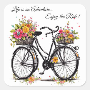 Bicycle With Basket Of Pink Yellow Orange Flowers  Square Sticker