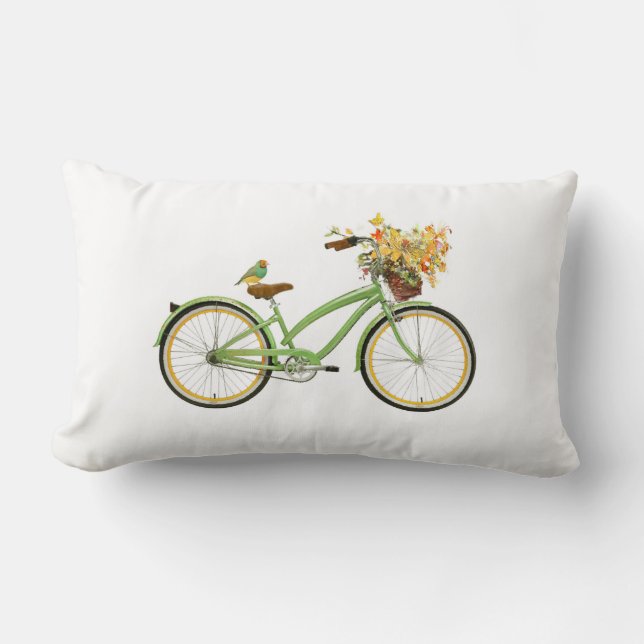 Bicycle With Bird and Flower Basket Green Yellow Lumbar Cushion (Front)