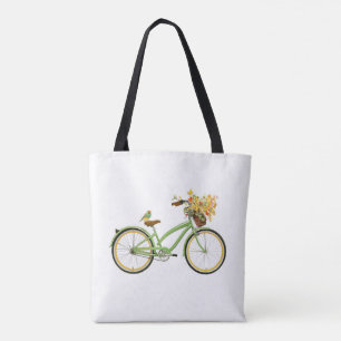 Bicycle With Bird and Flower Basket Green Yellow Tote Bag
