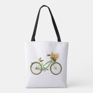 Bicycle With Bird and Flower Basket Green Yellow Tote Bag