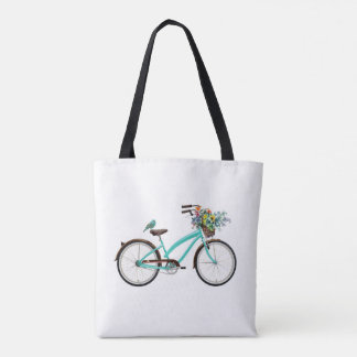 Bicycle With Bird and Flower Basket Turquoise Blue Tote Bag