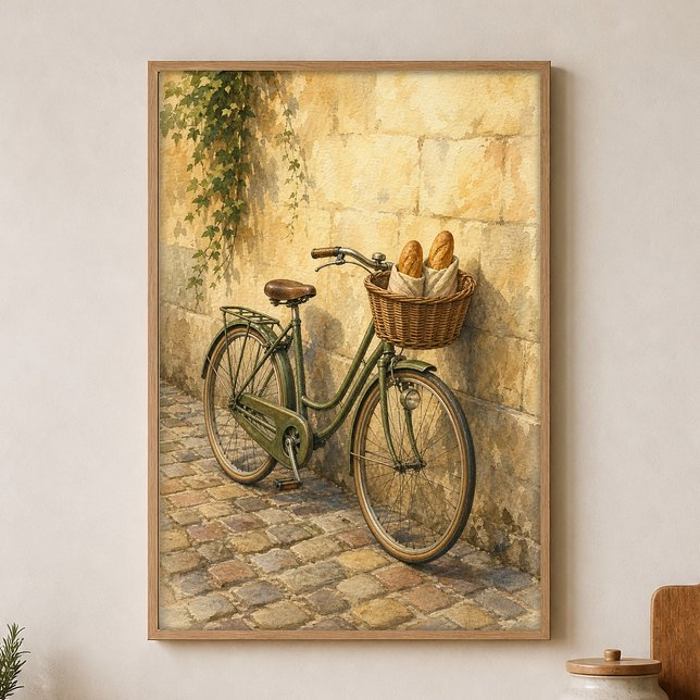Bicycle with Bread Basket Watercolour Poster (Shown framed for scale. Poster ships unframed; frames are an optional add-on.)