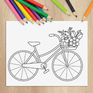 Bicycle with Flower Basket Colouring Page Rubber Stamp
