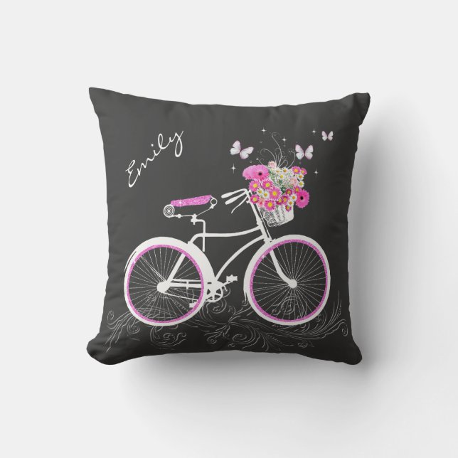 Bicycle With Flower Basket Custom Throw Pillow (Front)