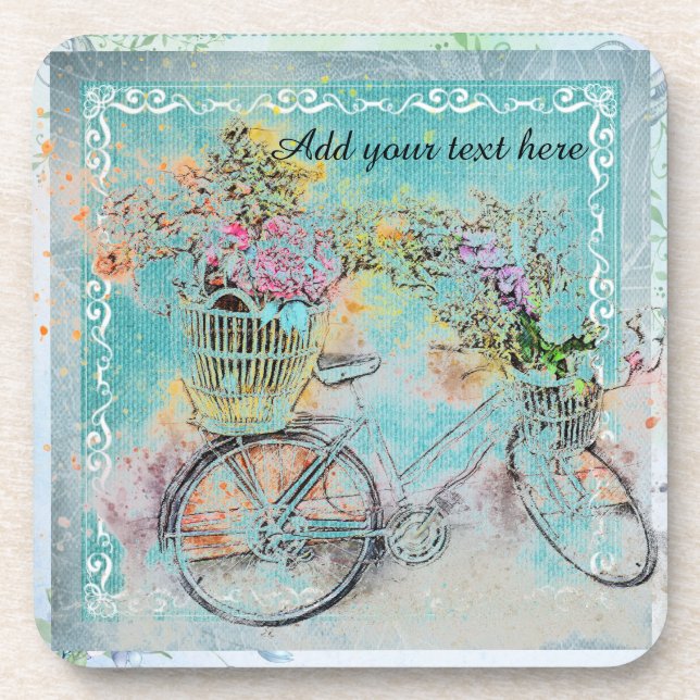 Bicycle with flower baskets on blue burlap coaster (Front)