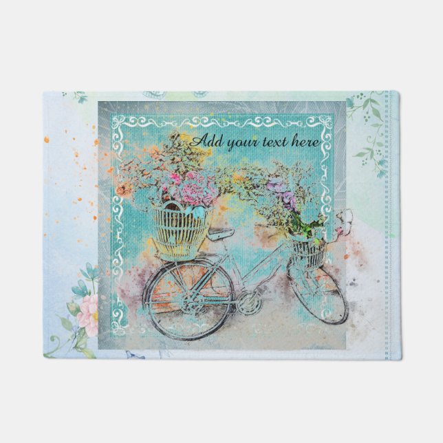 Bicycle with flower baskets on blue burlap doormat (Front)