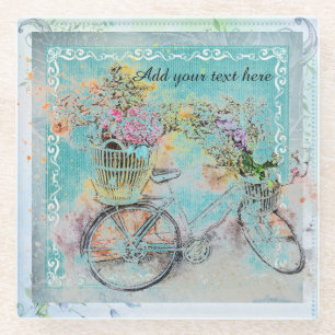 Bicycle with flower baskets on blue burlap glass coaster