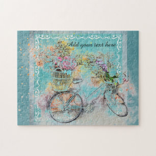 Bicycle with flower baskets on blue burlap jigsaw puzzle