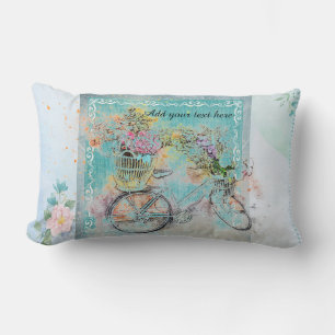 Bicycle with flower baskets on blue burlap lumbar cushion