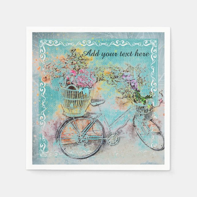 Bicycle with flower baskets on blue burlap napkin (Front)