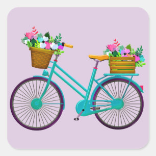 Bicycle With Flowers in Basket Bike Square Sticker
