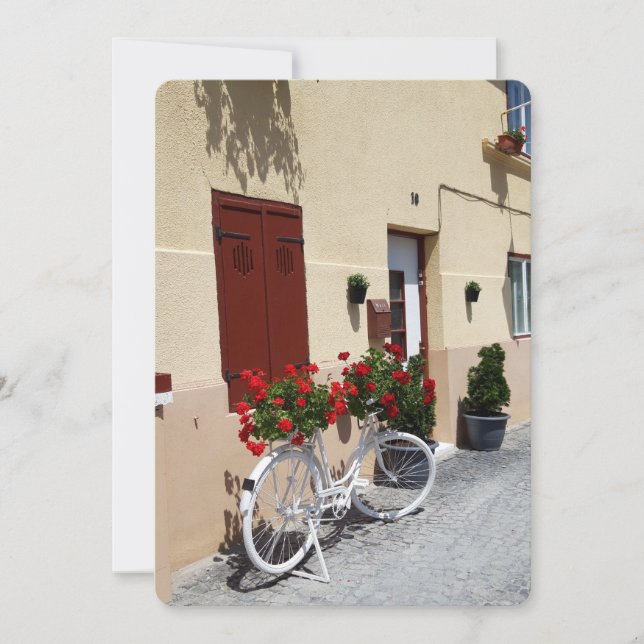 Bicycle with Red Flowers on European Street Card (Front)