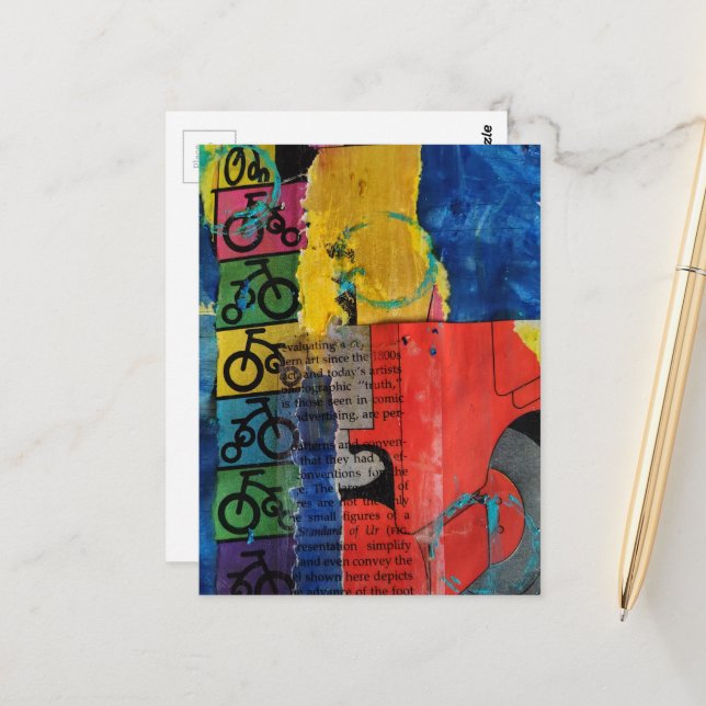 Bicycles and Trucks mixed media collage Postcard (Front/Back In Situ)