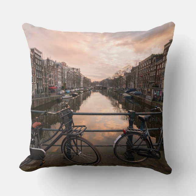 Bicycles at sunset in Amsterdam Cushion (Front)