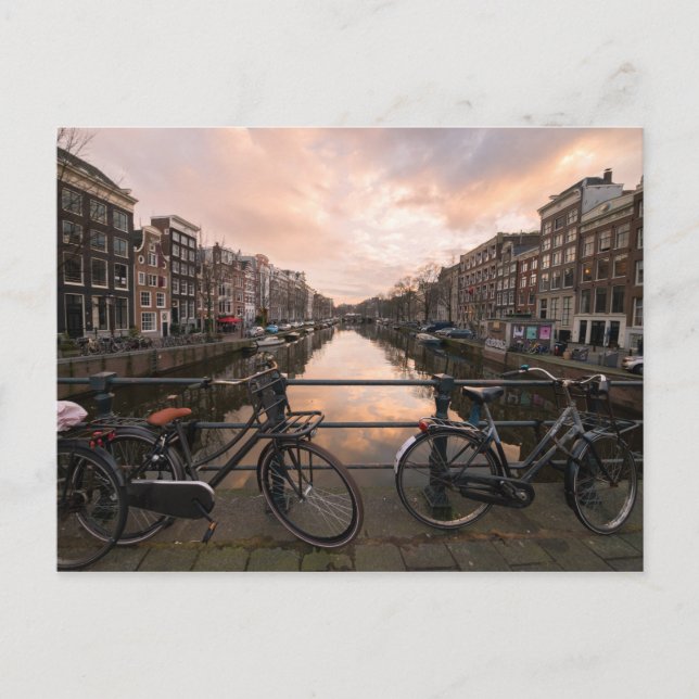 Bicycles at sunset in Amsterdam Postcard (Front)