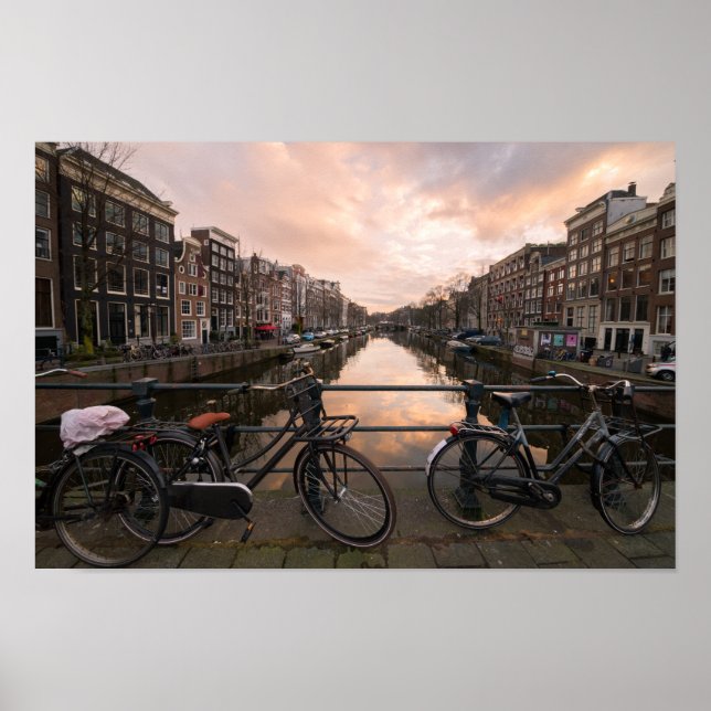 Bicycles at sunset in Amsterdam Poster (Front)