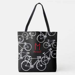 bicycles-bag . graphic white bikes on black tote bag