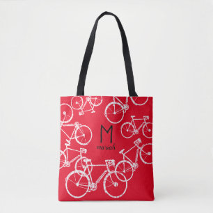 bicycles-bag . graphic white bikes on red tote bag