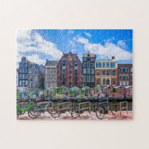 Bicycles Houses Along Amsterdam Canal Netherlands Jigsaw Puzzle