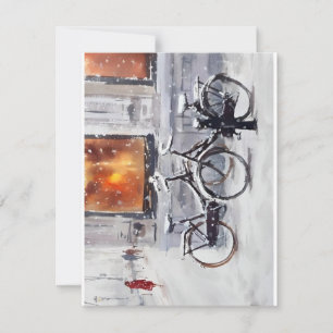 Bicycles In Snowstorm In Watercolors Holiday Card