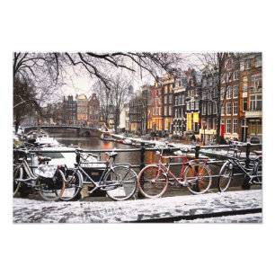 Bicycles in the snow in Amsterdam Photo Print