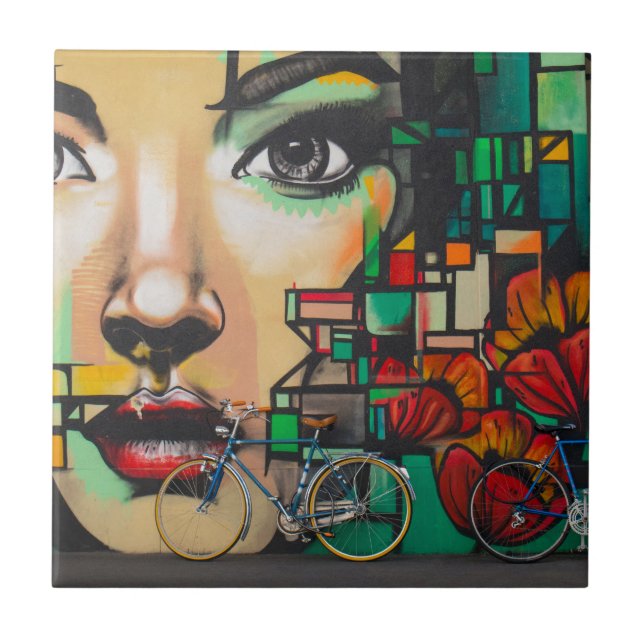 Bicycles on Graffiti wall Ceramic Tile (Front)