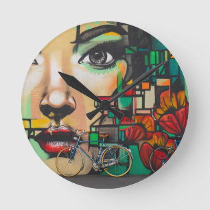 Bicycles on Graffiti wall Round Clock