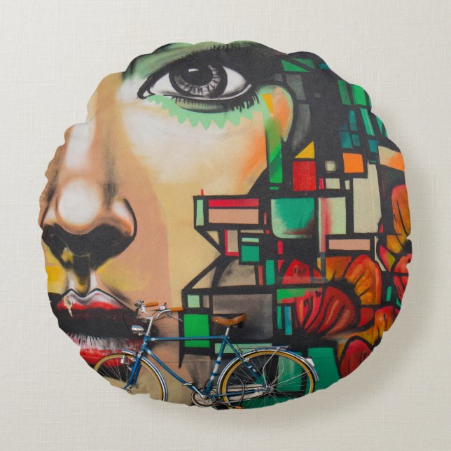 Bicycles on Graffiti wall Round Cushion (Front)