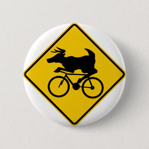 Bicycling Deer Crossing Highway Sign 6 Cm Round Badge