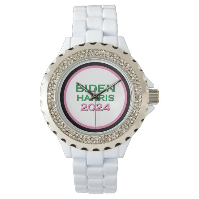 BIDEN HARRIS 2024 Pink and Green Rhinestone Accent Watch (Front)