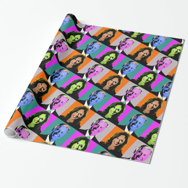 Biden Harris Pop Art (Orange, Grey, Blue, Pink) Wrapping Paper (Unrolled)