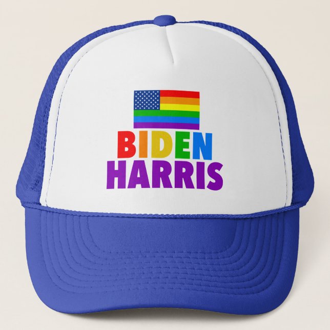 Biden Harris Rainbow American Flag Gay Pride Trucker Hat (Front)