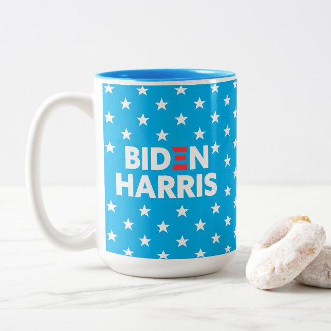 Biden / Harris White Stars Pattern Blue Two-Tone Coffee Mug (With Donut)
