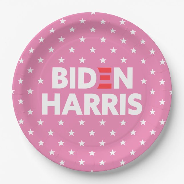 Biden / Harris White Stars Pattern Pink Paper Plate (Front)