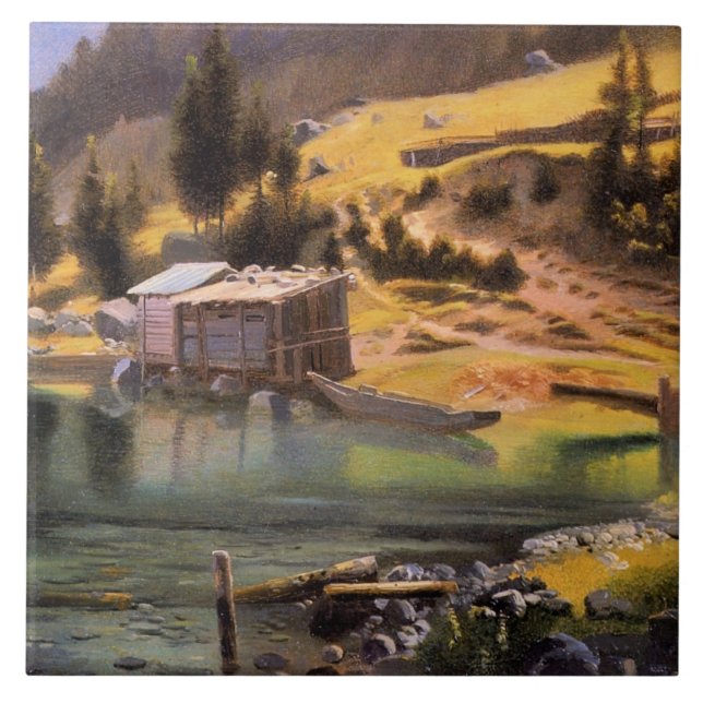 Bierstadt - Fishing and Hunting Camp, Alaska Ceramic Tile (Front)