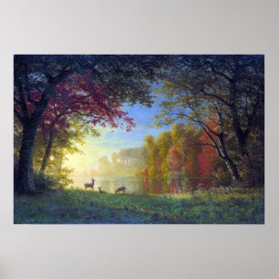 Bierstadt - Indian Sunset Deer By A Lake Poster