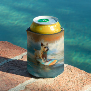 Biewer Terrier Beach Surfing Painting Can Cooler