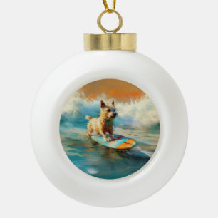 Biewer Terrier Beach Surfing Painting  Ceramic Ball Christmas Ornament
