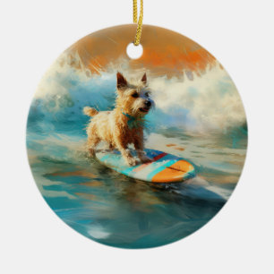 Biewer Terrier Beach Surfing Painting  Ceramic Ornament