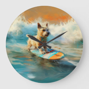 Biewer Terrier Beach Surfing Painting Large Clock