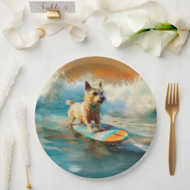 Biewer Terrier Beach Surfing Painting  Paper Plate (Wedding)