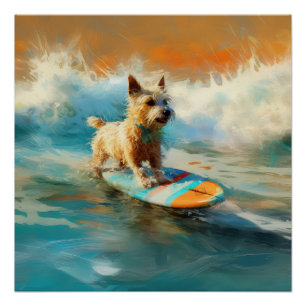 Biewer Terrier Beach Surfing Painting  Poster