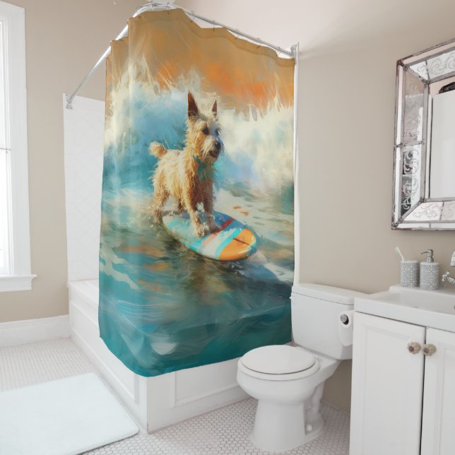 Biewer Terrier Beach Surfing Painting  Shower Curtain (In Situ)