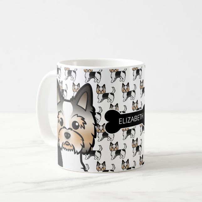Biewer Terrier Cartoon Dogs With Dog Bone & Name Coffee Mug (Front Left)