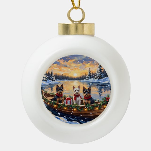 Biewer Terrier Christmas Boat Holiday Ceramic Ball Christmas Ornament (Front)