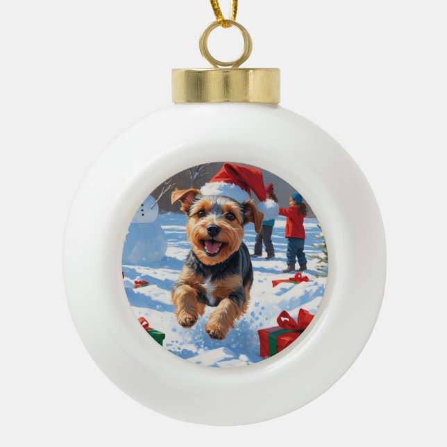 Biewer Terrier Christmas Festive Snow Scene  Ceramic Ball Christmas Ornament (Front)