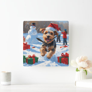 Biewer Terrier Christmas Festive Snow Scene  Square Wall Clock