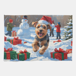 Biewer Terrier Christmas Festive Snow Scene  Tea Towel