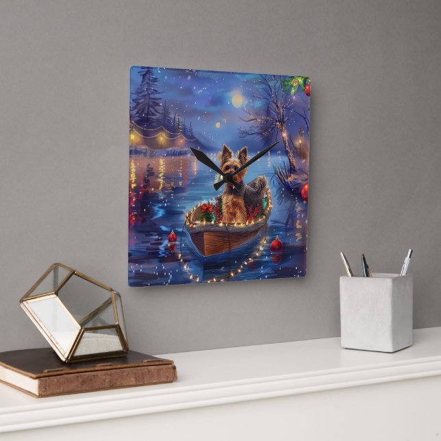 Biewer Terrier Christmas Festive Voyage Square Wall Clock (Office)